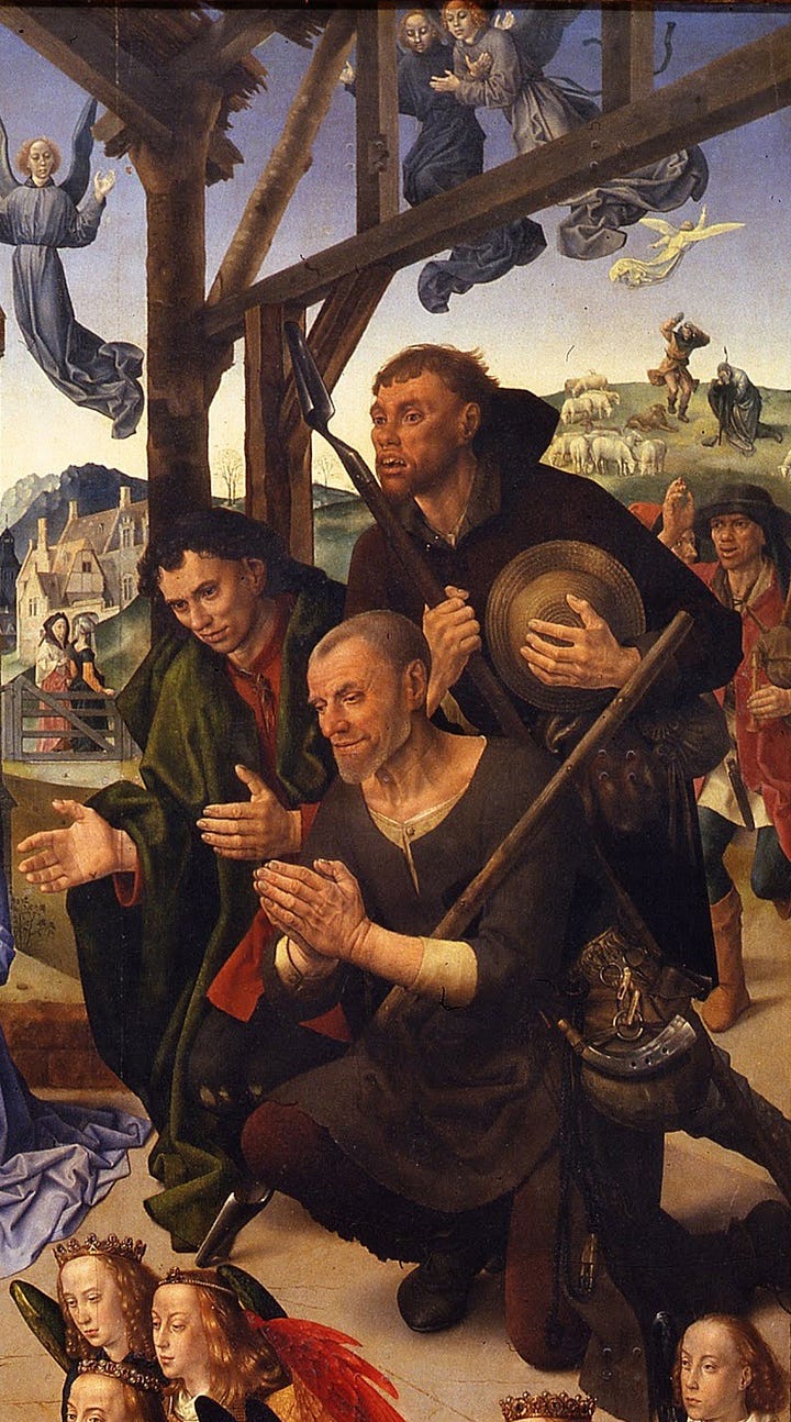 Adoration of the Shepherds (detail), Hugo van der Goes  Natività, Giovanni da Milano  Nazareth, John B. Guiliani  Adoration of the Shepherds, Francesco di Marco Marmitta da Parma