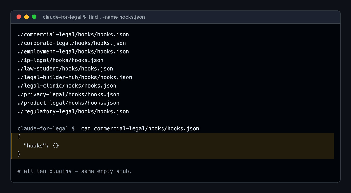 Every plugin’s hooks.json is an empty stub — {“hooks”: {}} — across all ten first-party plugins Every plugin’s hooks.json is an empty stub — {“hooks”: {}} — across all ten first-party plugins