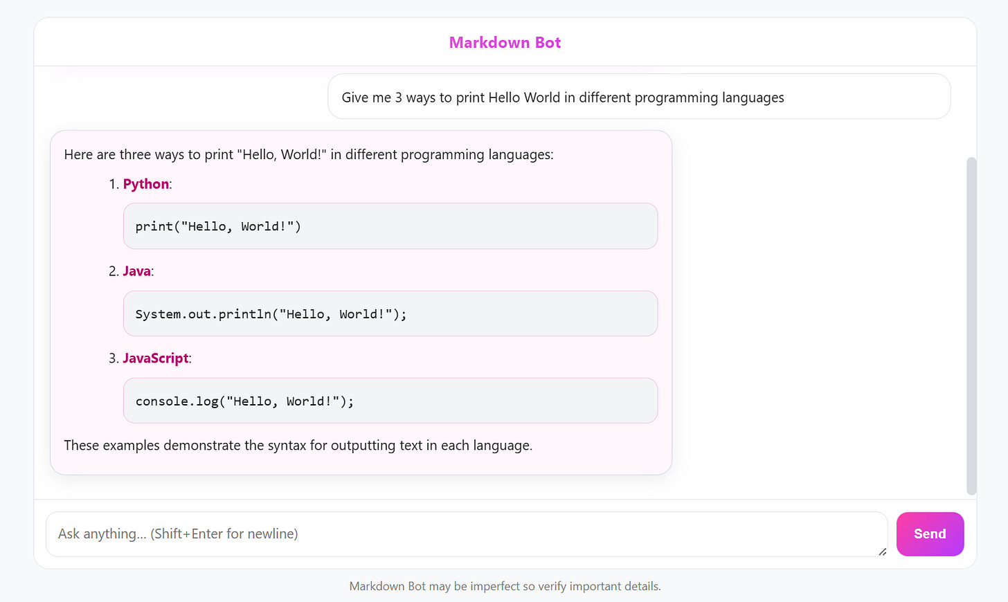 Markdown Bot neatly formats code across multiple languages