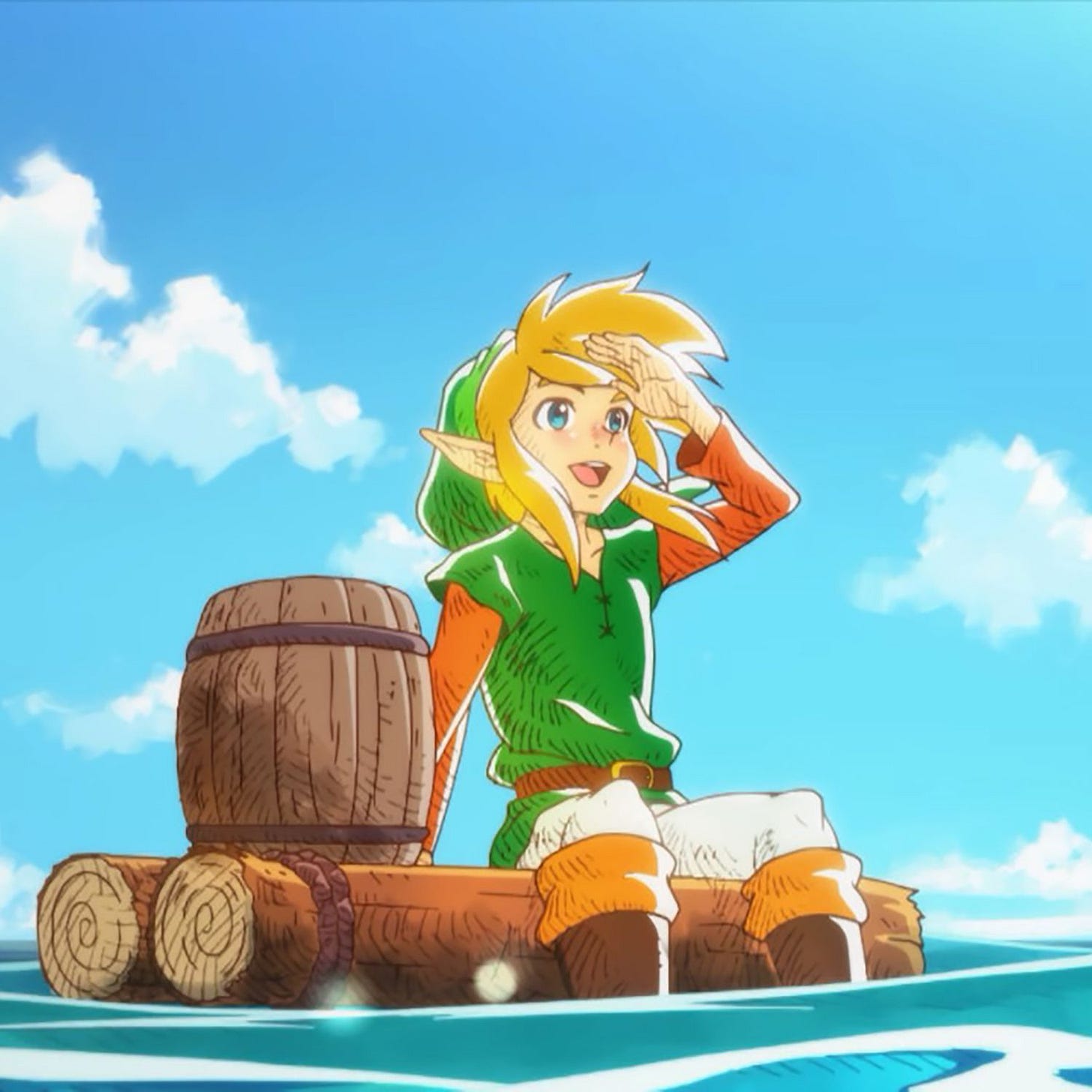 A painterly illustration of Link, a blond with blue eyes and pointed ears, sitting on a raft in the middle of the sea. He's wearing a green tunic and cap, white leggings, and brown boots.