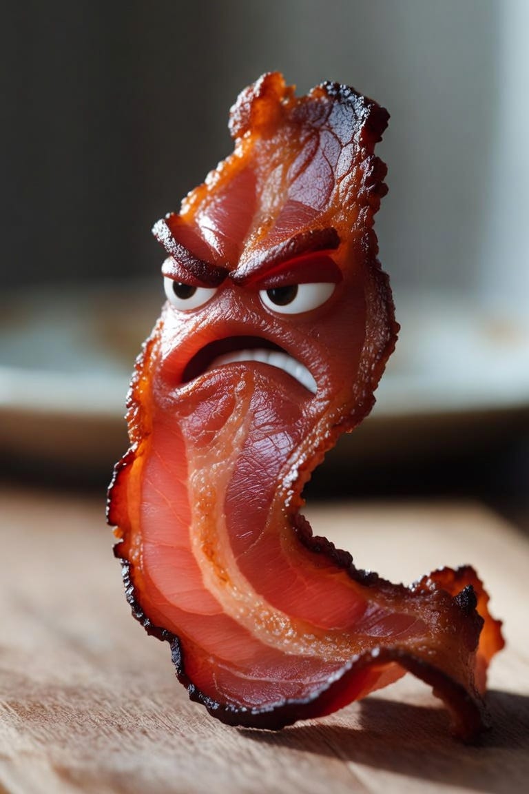 A slice of cooked bacon standing up with an angry scowl on its face. A slice of cooked bacon standing up with an angry scowl on its face.