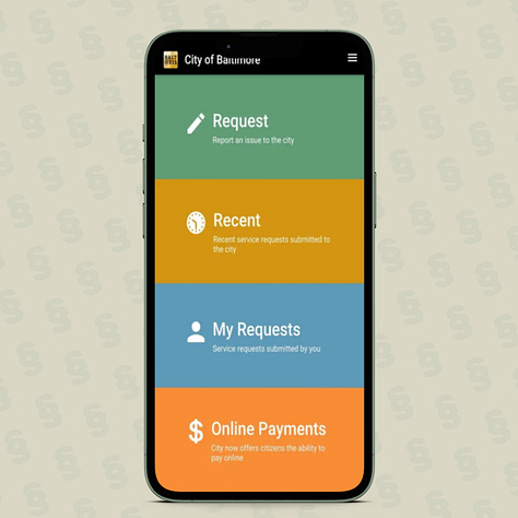 Three screenshots of Baltimore's 3-1-1 iOS Mobile App