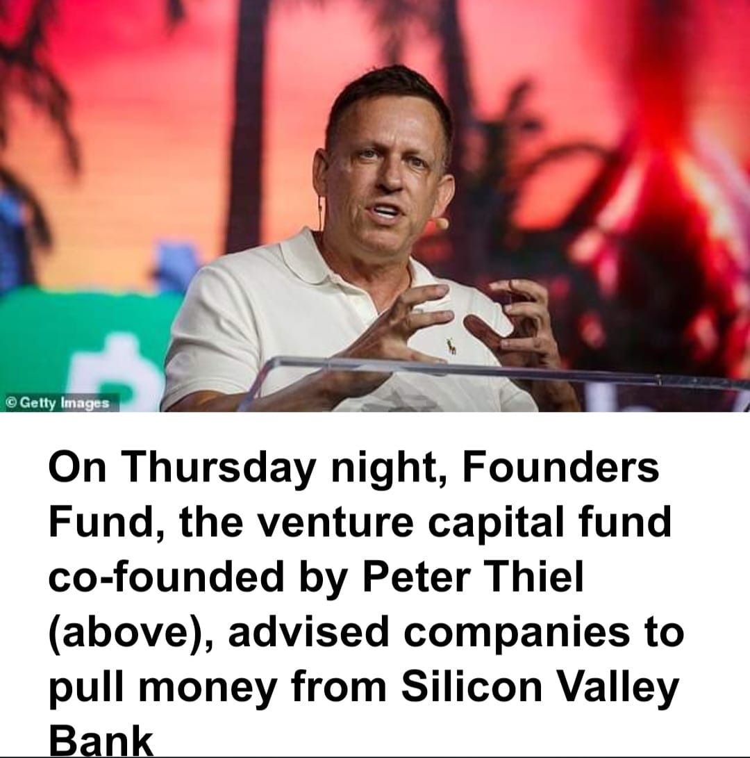 May be an image of 1 person, standing and text that says 'Getty Images On Thursday night, Founders Fund, the venture capital fund co-founded by Peter Thiel (above), advised companies to pull money from Silicon Valley Bank'