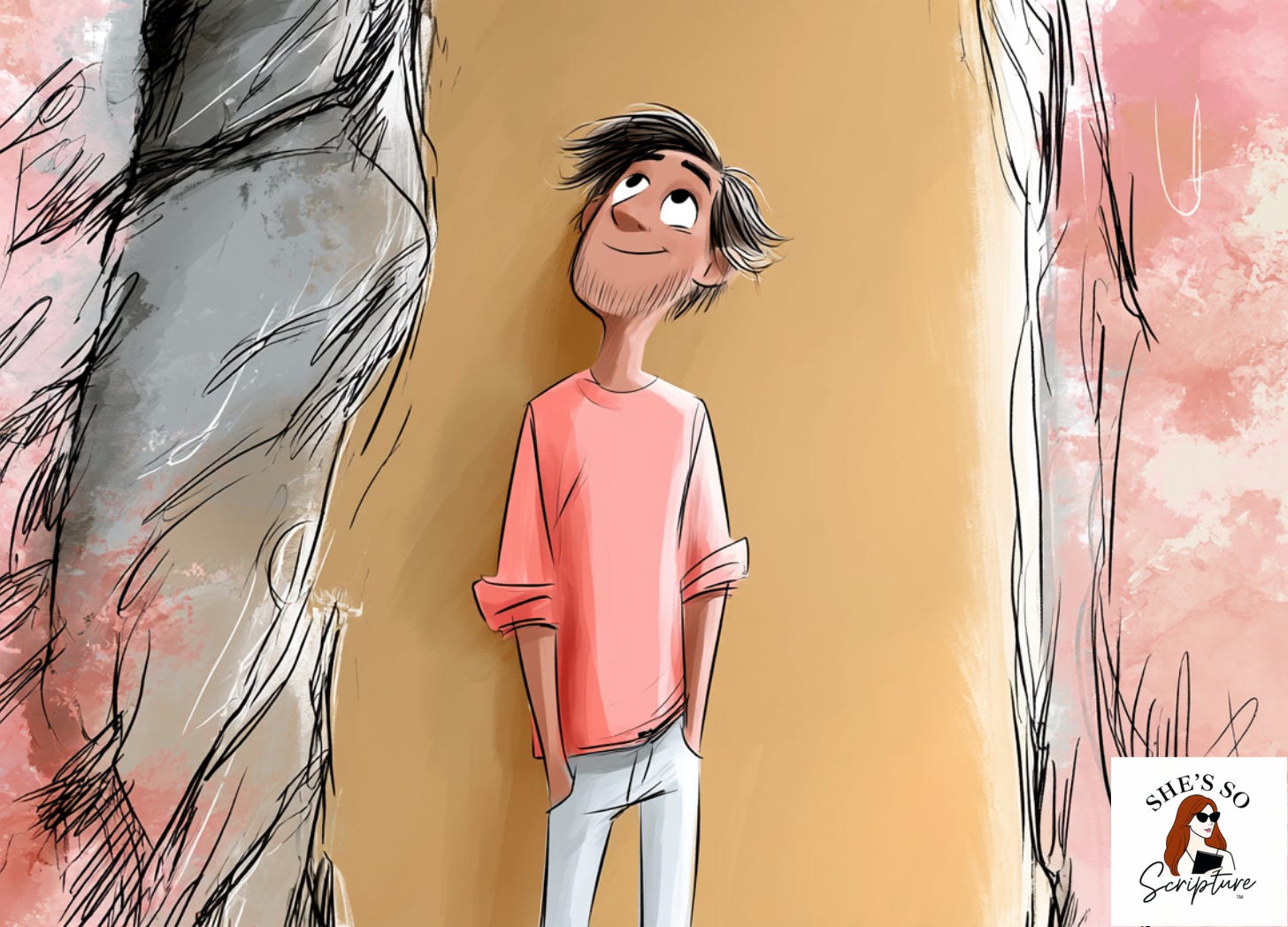 Illustrated man stepping out of a dark cave entrance into golden light, face lifted upward, soft blush and cream watercolor tones with sketchy ink outlines