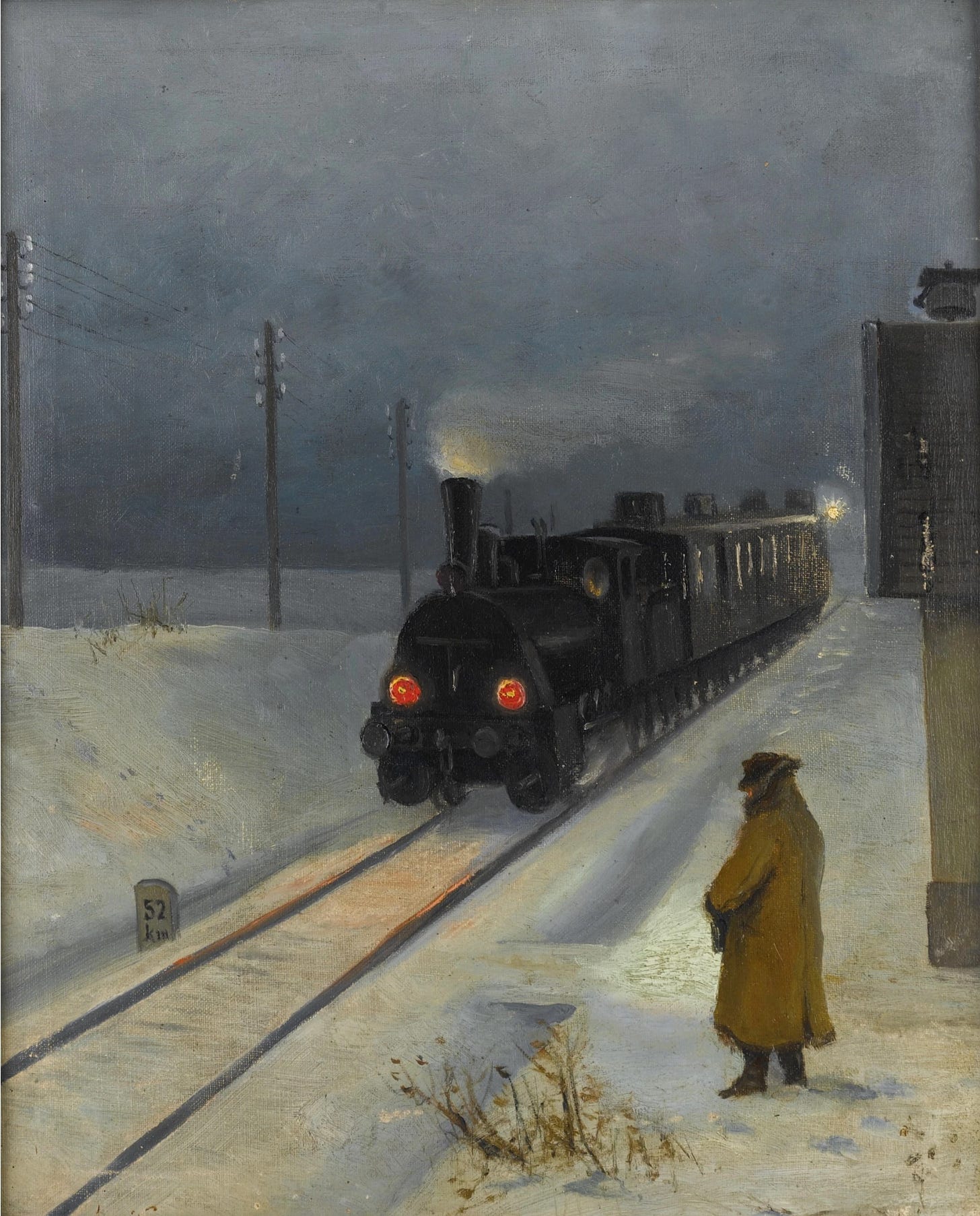 There is a great sense of loneliness and alienation in this oil painting by Abraham Neumann, in which a man waits outside, dressed in a heavy brown coat against the cold, as a black train arrives at the station, its headlights glowing red, casting a pink glow on the snow. There is a great sense of loneliness and alienation in this oil painting by Abraham Neumann, in which a man waits outside, dressed in a heavy brown coat against the cold, as a black train arrives at the station, its headlights glowing red, casting a pink glow on the snow.