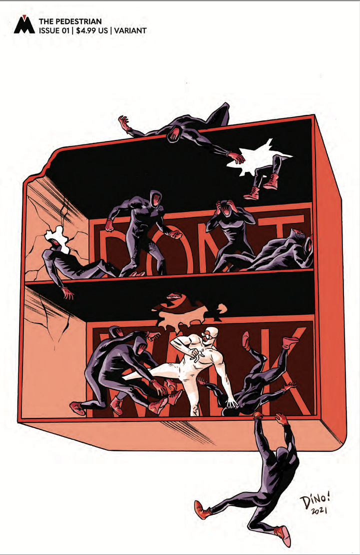 Four covers to the new Magma Comix series The Pedestrian by Joey Esposito, Sean Von Gorman, Josh Jensen, and Shawn Lee, edited by Bobby Curnow.