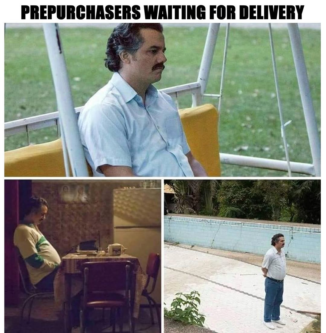 Three stills of Pablo Escobar from Narcos waiting alone on a swing, at a kitchen table and beside an empty pool, under the heading "Prepurchasers waiting for delivery".
