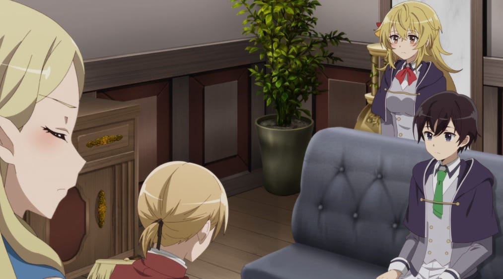 A generic elf watches over a generic prince talking to a generic isekai protagonist while his generic waifu stands by