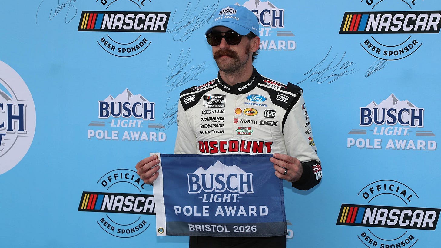 Ryan Blaney poses with the Busch Pole Award flag after winning the pole for the Food City 500 at Bristol Motor Speedway. Ryan Blaney poses with the Busch Pole Award flag after winning the pole for the Food City 500 at Bristol Motor Speedway.