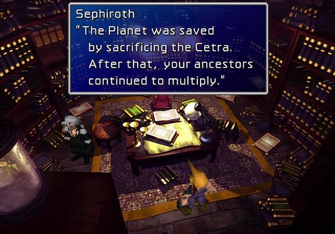 Sephiroth: "You ignorant traitor. I'll tell you" — "The planet was saved by sacrificing the Cetra. After that, your ancestors, continued to multiply." — "An Ancient named Jenova was found in a 2000 year-old geological stratum."