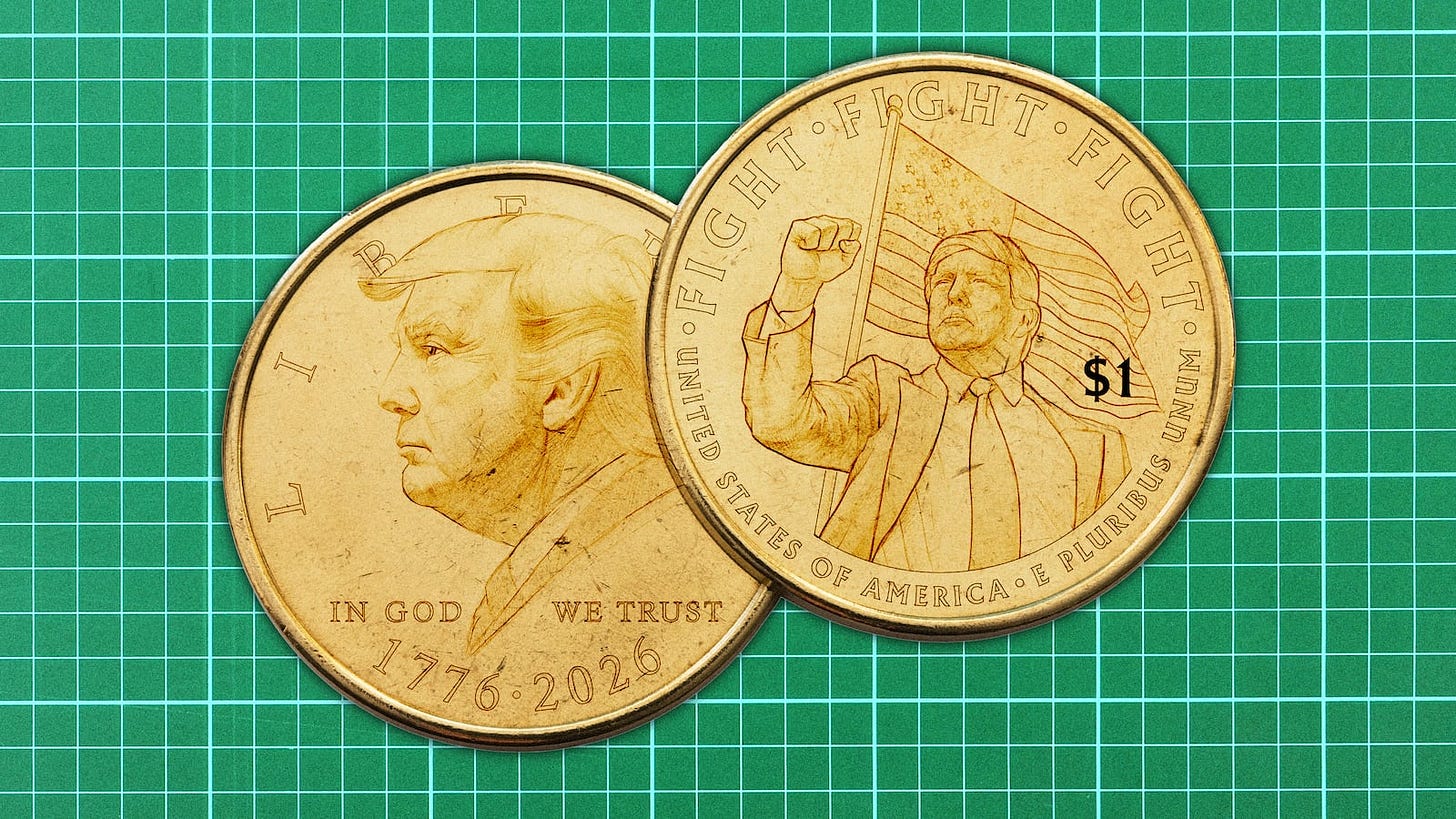 A photo illustration of Donald Trump on the $1 commemorative coin celebrating America's 250th birthday.