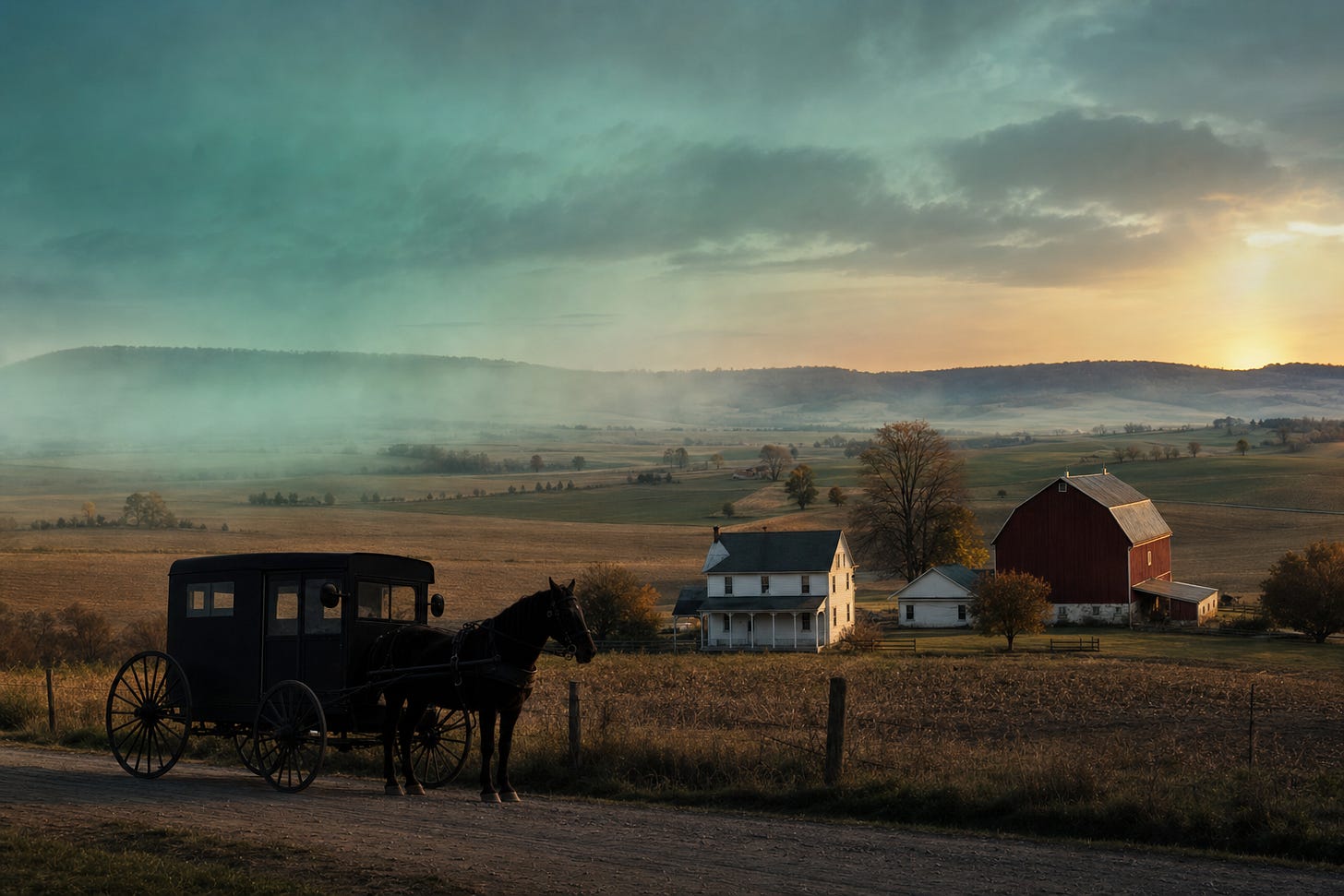A horse-and-buggy on a dirt lane in front of a white Amish farmhouse and red barn at dusk, with pale teal-tinted haze drifting across the sky above the fields A horse-and-buggy on a dirt lane in front of a white Amish farmhouse and red barn at dusk, with pale teal-tinted haze drifting across the sky above the fields