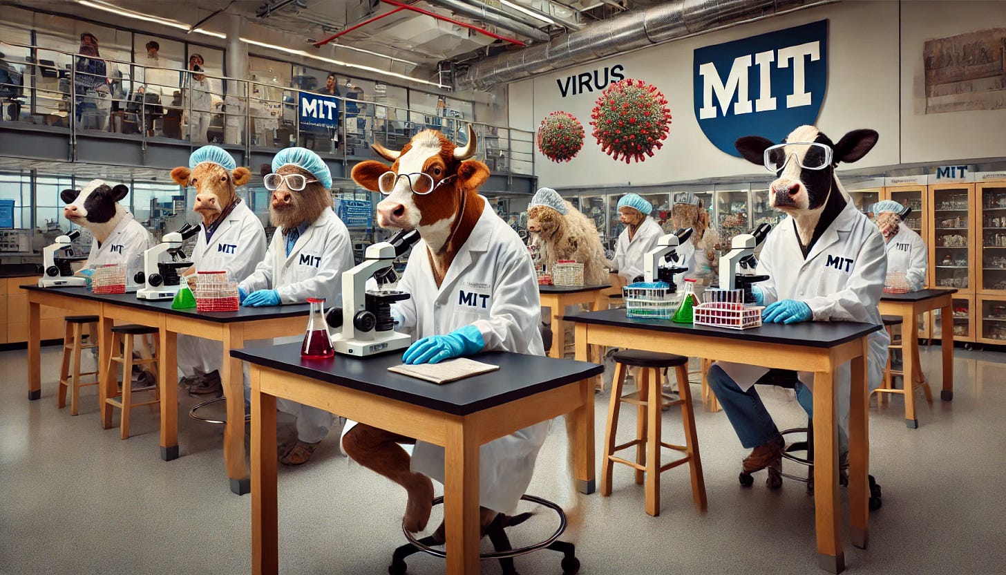 A realistic image of farm animals dressed as MIT students working in a microbiology lab at MIT. The farm animals, including a pig and a cow, are wearing lab coats and safety goggles, conducting virus research related to the 1918 Spanish flu. They are surrounded by advanced lab equipment, microscopes, and petri dishes. The setting features a modern lab environment with a backdrop of MIT logos and lab benches, emphasizing the scientific and academic atmosphere.