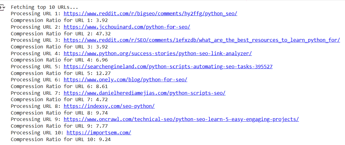 The Output of a Python Script that pulls the top 10 results for a keyword and calculates the compression ratio for them