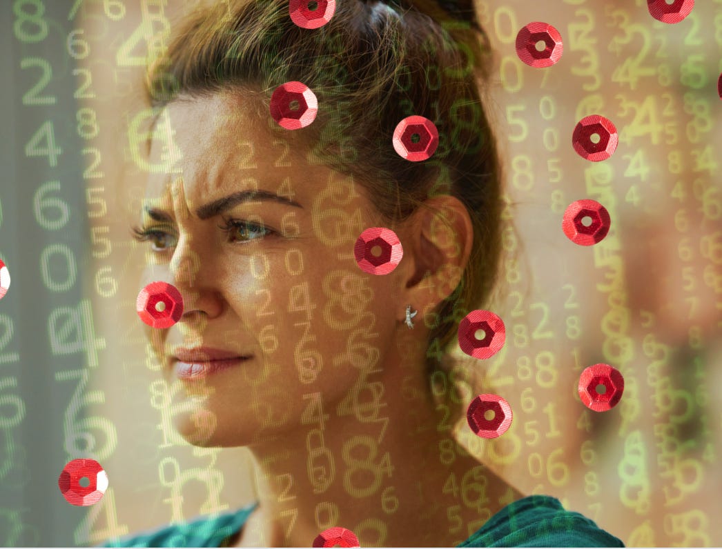 beautiful woman scowling, behing a light matrix and speckled red dots