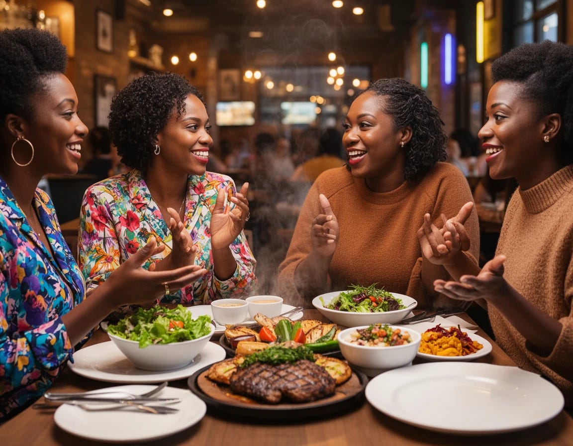 4 black women talking in restaurant and eating food together 4 black women talking in restaurant and eating food together