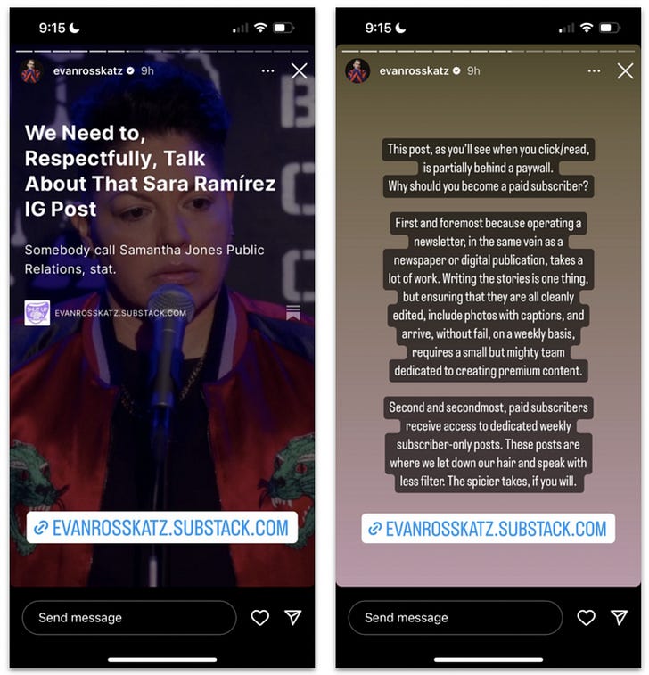 Sharing a post to Stories with a note on why it's only available to paid subscribers.
