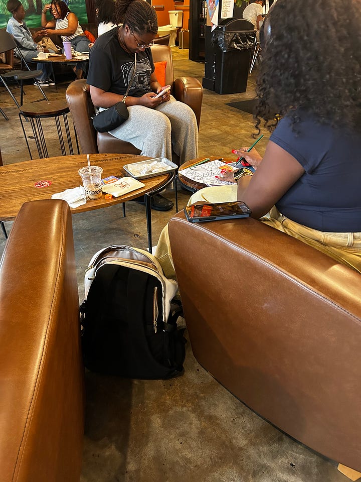 Multiple images of people at a neutral toned cafe, coloring on coloring pages