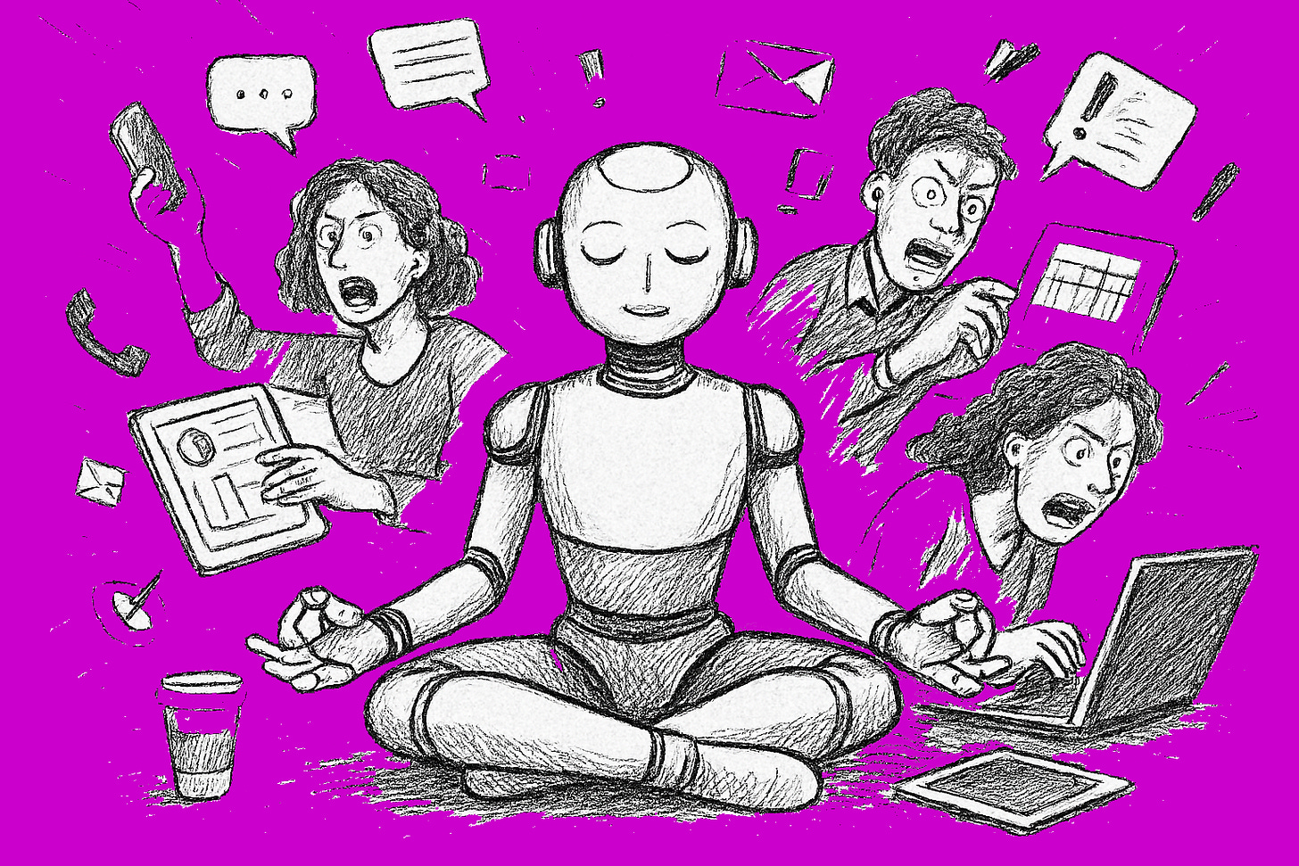 A robot in a lotus pose while frustrated people surrounded with devices flying. Co-created with Dall-E AI