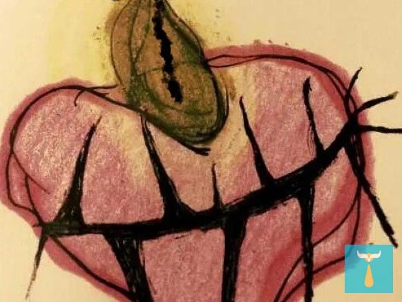 A colored sketch close-up of the Sacred Heart that appears gritty and somewhat messy