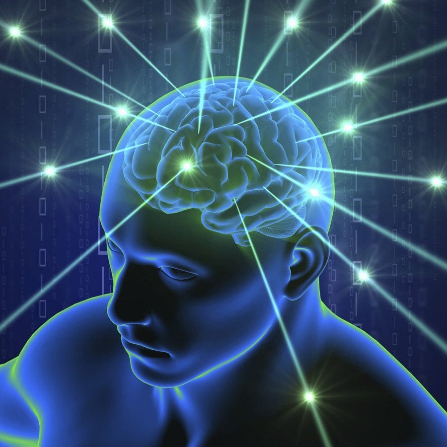 Digital Artwork of a man with a visible brain emitting lights. Digital Artwork of a man with a visible brain emitting lights.