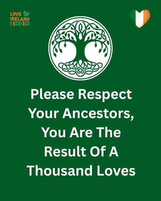 May be an image of text that says "HRELAN LOVE IRELAND 川刻１肉 Please Respect Your Ancestors, You Are The Result Of A Thousand Loves"