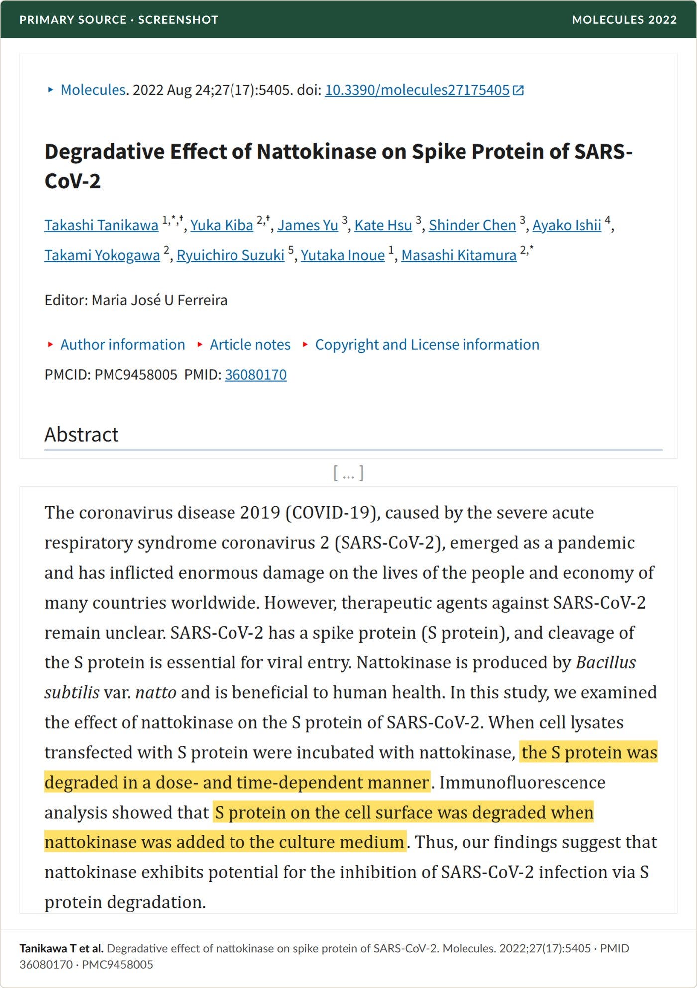 Tanikawa et al., Molecules 2022: nattokinase degrades the SARS-CoV-2 spike protein in a dose- and time-dependent manner, including on the cell surface.