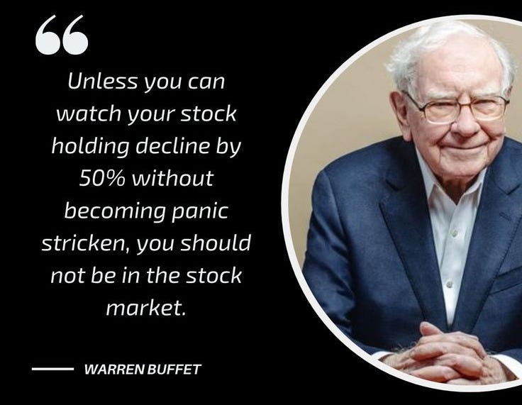 Unless you can watch your stock holding decline by 50% without becoming  panic stricken, you should not be in the stock market. #stocks #tradingtips