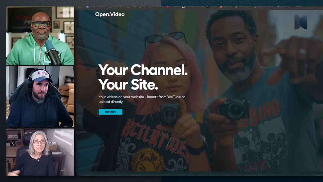 Open.Video homepage screenshot with 'Your Channel. Your Site.' and 'Start Now' button Open.Video homepage screenshot with 'Your Channel. Your Site.' and 'Start Now' button