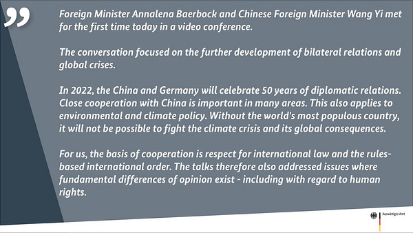 Declaration of a spokesperson on a videoconference of Foreign Minister Annalena Baerbock and Chinese Foreign Minister Wang Yi