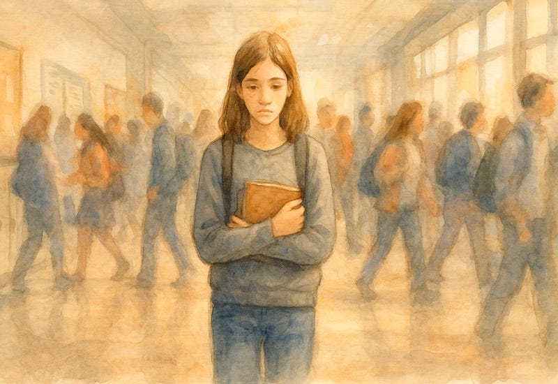 Watercolor painting of a sad teenage girl standing alone in a crowded school hallway, holding a book to her chest, symbolizing the struggle of fitting in and feeling different.