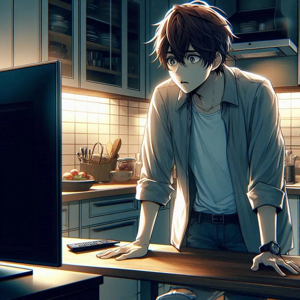 a young man with brown hair standing in his kitchen looking at his tv in shock. anime art style dark.