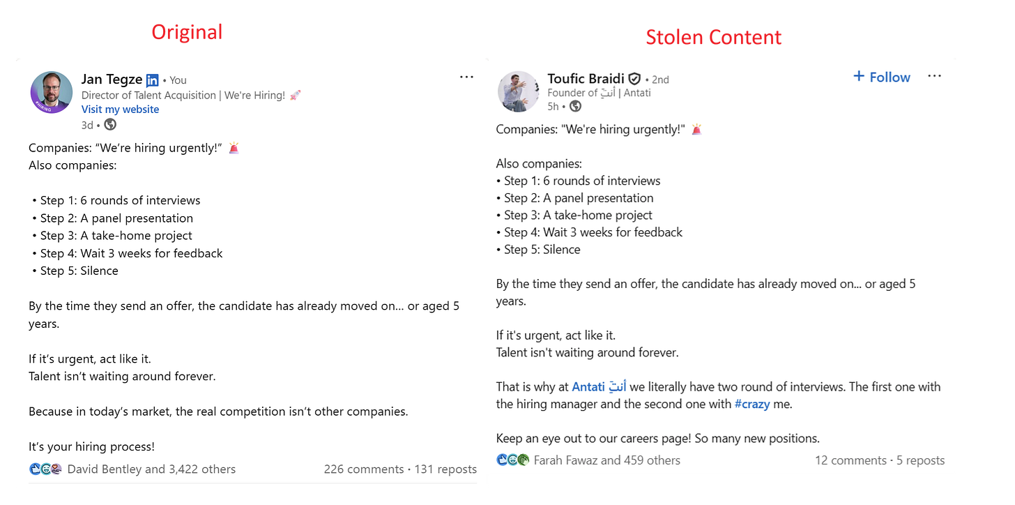 Stolen LinkedIn post by Toufic Braidi without permission or even asking.