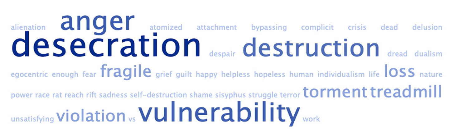 word cloud of blue text on white background, includes terms like DESECRATION, ANGER, VIOLATION, FRAGILE, GRIEF, AND GUILT.