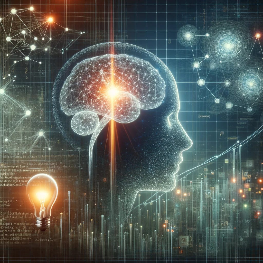 An abstract representation of interpretability within artificial intelligence. Visualize a human silhouette with a network of neurons superimposed, highlighting the connection between human cognition and AI's decision-making processes. The silhouette is surrounded by floating digital code and 3D graphs that transform into clear, understandable patterns, symbolizing the translation of complex data into human-readable form. Above this scene, a light bulb glows, signifying the moment of understanding or 'aha' moment. The scene is set against a background that suggests a seamless blend of technology and human insight.