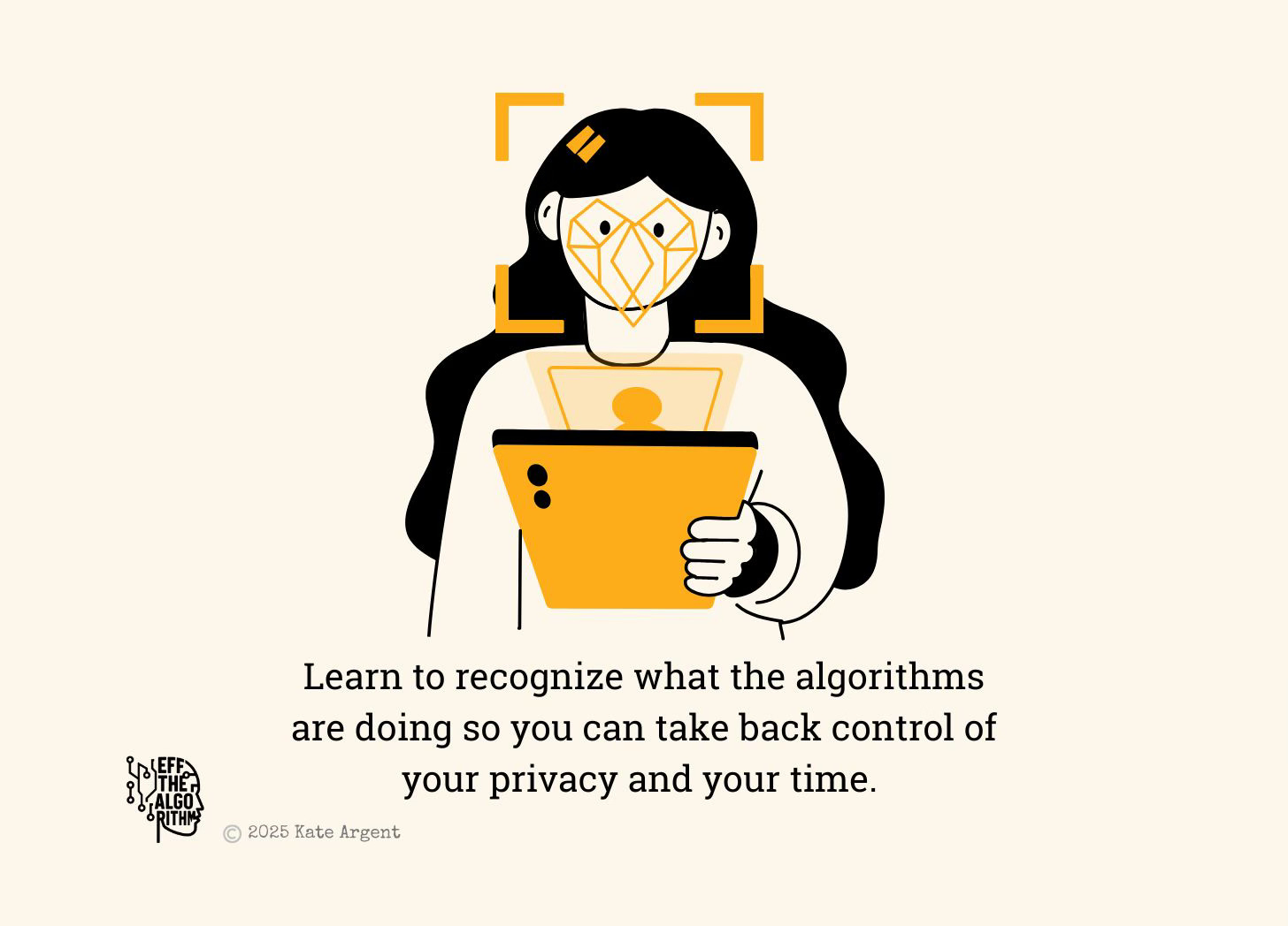 Illustration of a woman using a device that is studying her for future control