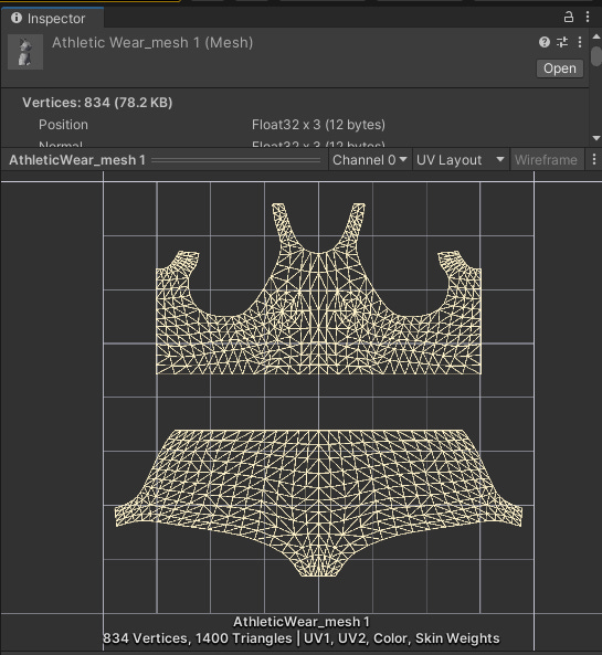 Unity Inspector viewport, AthleticWear UV map on left, the new diffuse texture on the right.