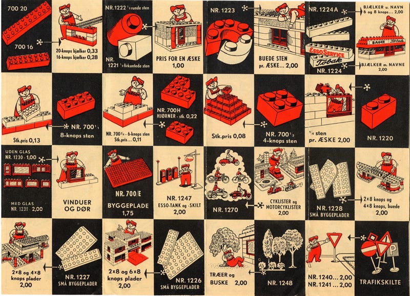 הקטלוג הראשון של לגו מ-1958, מציג את אפשרויות החיבור בין הסטים, תמונה 2 הקטלוג הראשון של לגו מ-1958, מציג את אפשרויות החיבור בין הסטים, תמונה 2