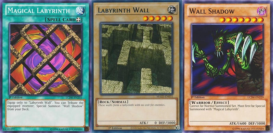 Three Yu-Gi-Oh! cards: Magical Labyrinth, Labyrinth Wall, and Wall Shadow. Vibrant colors and mystical themes dominate each card.