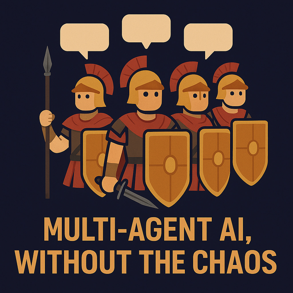 Four stylized Roman soldiers in formation with speech bubbles, symbolizing AI agents. Bold text below reads: ‘MULTI-AGENT AI, WITHOUT THE CHAOS.’