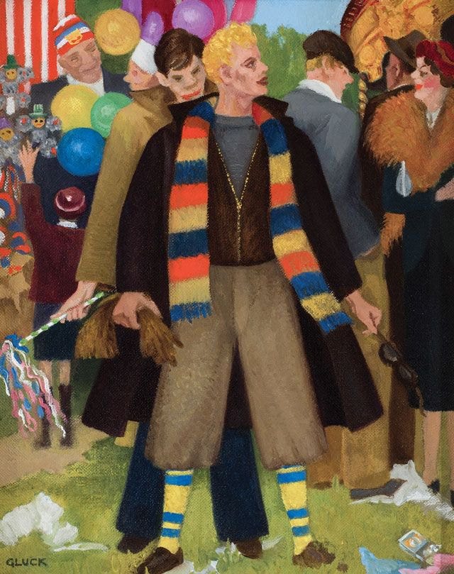 A lively fair scene shows a central figure in a colorful striped scarf, surrounded by cheerful people with balloons and costumes, conveying a festive atmosphere. The main figure is holding some straw in his right hand, glasses in his right, and he is looking to his left. He is wearing a striped scarf consisting of red, blue, and yellow. He is also wearing striped socks with blue and yellow. His pantaloons are brown, and he has a blue shirt on, with a brown jacket on top. He has blonde hair, and dark lips, and brown loafers on. There is another figure right behind him, wearing a tan jacket, holding a streamer with blue, pink, and white strands on it. The figure has short brown hair, and pink lips. There is some trash scattered around on the ground, and circus stripes in the background. Gluck's name is in black in the bottom left corner. A lively fair scene shows a central figure in a colorful striped scarf, surrounded by cheerful people with balloons and costumes, conveying a festive atmosphere. The main figure is holding some straw in his right hand, glasses in his right, and he is looking to his left. He is wearing a striped scarf consisting of red, blue, and yellow. He is also wearing striped socks with blue and yellow. His pantaloons are brown, and he has a blue shirt on, with a brown jacket on top. He has blonde hair, and dark lips, and brown loafers on. There is another figure right behind him, wearing a tan jacket, holding a streamer with blue, pink, and white strands on it. The figure has short brown hair, and pink lips. There is some trash scattered around on the ground, and circus stripes in the background. Gluck's name is in black in the bottom left corner.