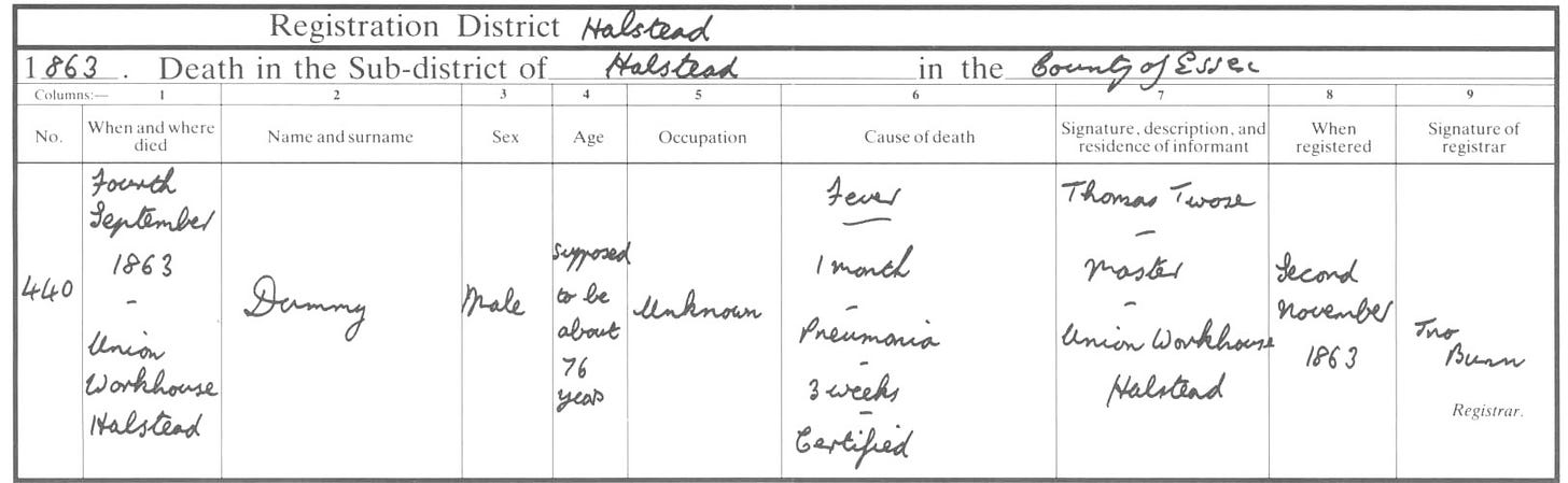 A copy of Dummy's death certificate. It is fully transcribed below the image.