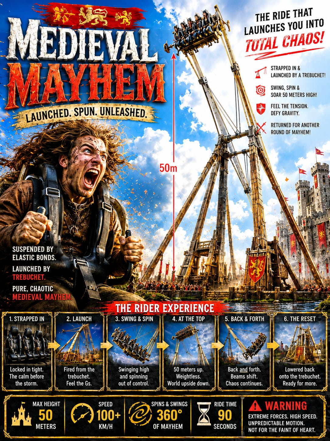 A fictional Bad Idea Park poster for Medieval Mayhem, an amusement ride built around a giant trebuchet. Riders are strapped into a swinging harness, launched high into the air, and spun through a chaotic series of arcs and rotations. The poster combines medieval castle imagery with modern thrill-ride advertising, using exaggerated statistics, warnings, and rider reactions to highlight concepts like velocity, acceleration, tension, and circular motion. The tagline promises: “Launched. Spun. Unleashed.” A fictional Bad Idea Park poster for Medieval Mayhem, an amusement ride built around a giant trebuchet. Riders are strapped into a swinging harness, launched high into the air, and spun through a chaotic series of arcs and rotations. The poster combines medieval castle imagery with modern thrill-ride advertising, using exaggerated statistics, warnings, and rider reactions to highlight concepts like velocity, acceleration, tension, and circular motion. The tagline promises: “Launched. Spun. Unleashed.”