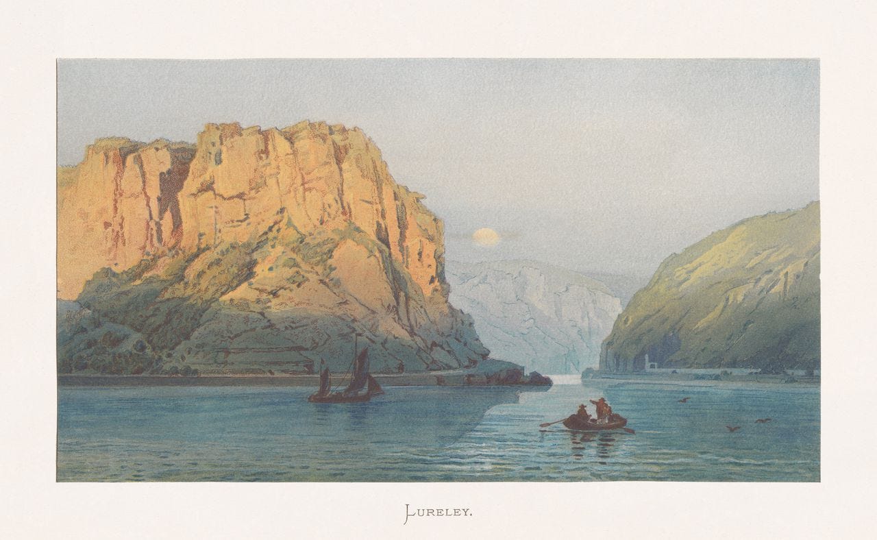 De Lorelei, een rots in de Rijn in Duitsland. Chromolithografie naar een tekening van Karl Christian Köhler (1827-1890). De Lorelei, een rots in de Rijn in Duitsland. Chromolithografie naar een tekening van Karl Christian Köhler (1827-1890).