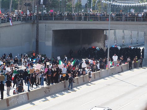 Protesters and California Highway Patrol officers facing each other on the 101 freeway in Los Angeles.