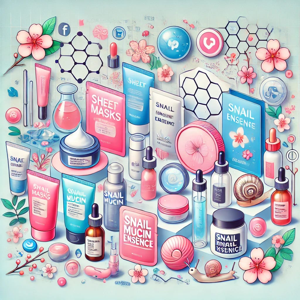 A vibrant, modern illustration showcasing the world of K-Beauty. Display a variety of popular Korean skincare products like sheet masks, snail mucin essence, and serums with sleek packaging. Include recognizable brands such as COSRX and Laneige, presented in an aesthetically pleasing layout. Surround the products with subtle elements like cherry blossoms, clean laboratory glassware, and social media icons to represent innovation, purity, and viral popularity. The background is minimalistic with soft pastel colors, conveying a sense of freshness and global appeal.