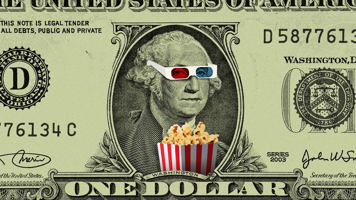 Illustration of George Washington on a one dollar bill wearing 3-D glasses and holding popcorn