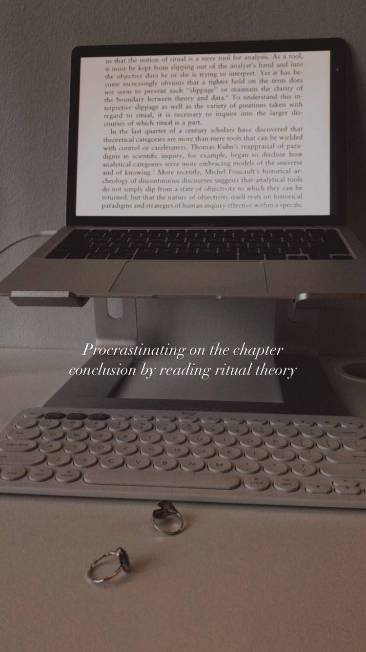 Photo of a desktop, with a laptop computer open with a pdf file, and text superimposed to the photo: Procrastinating on the chapter conclusion by reading ritual theory.