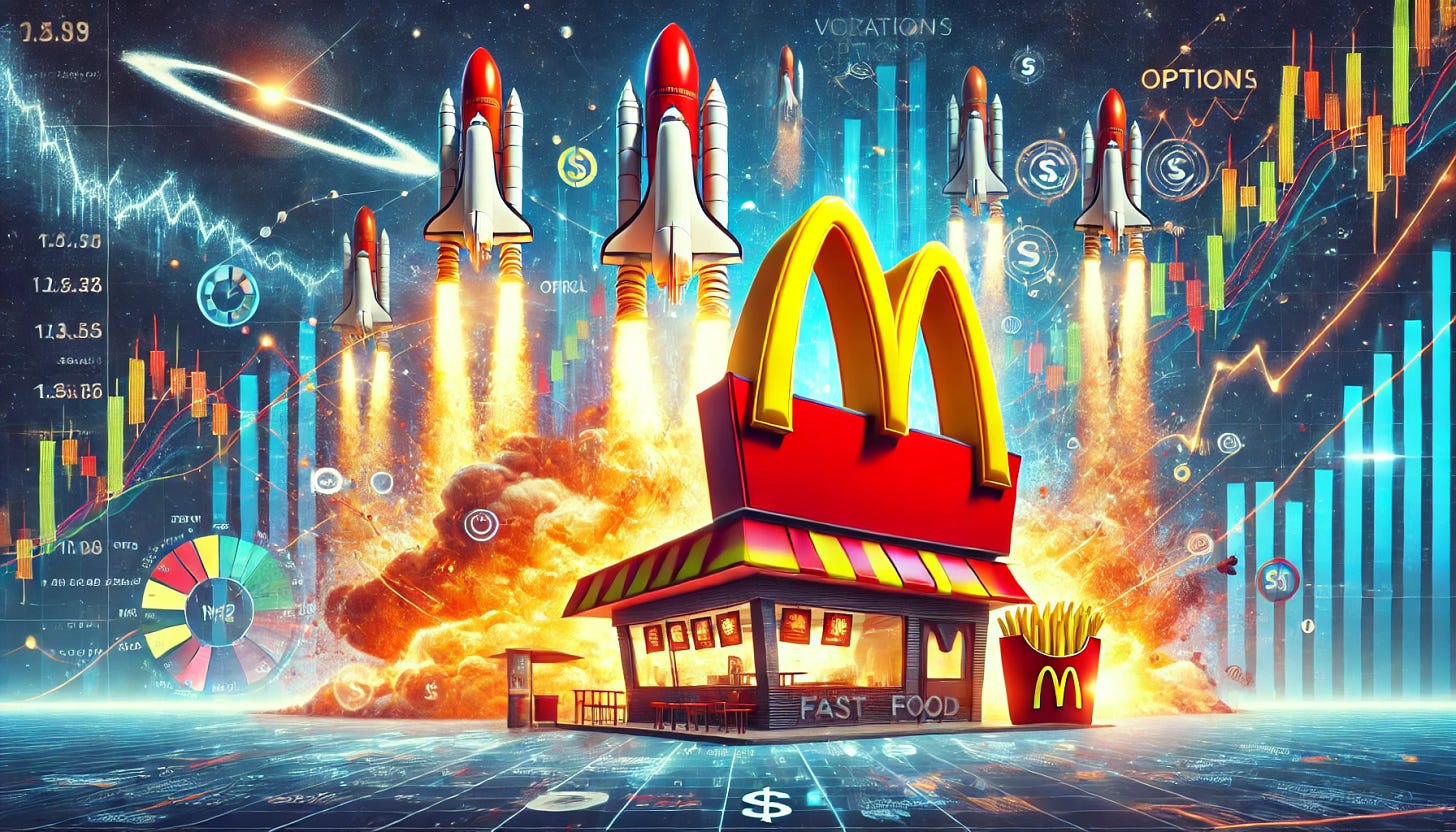 Create a widescreen image of a red and yellow fast food chain with a large 'M' as the logo, representing a popular global brand. In the background, several rockets are blasting off into the sky, symbolizing excitement and high energy. The scene includes various symbols of volatility, trading, and options, such as fluctuating stock charts, candlestick patterns, and dollar signs. The overall atmosphere is dynamic and fast-paced, combining elements of fast food with the intense world of financial markets.