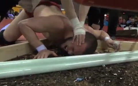 [Screenshot: Patricks getting shoved into pit]